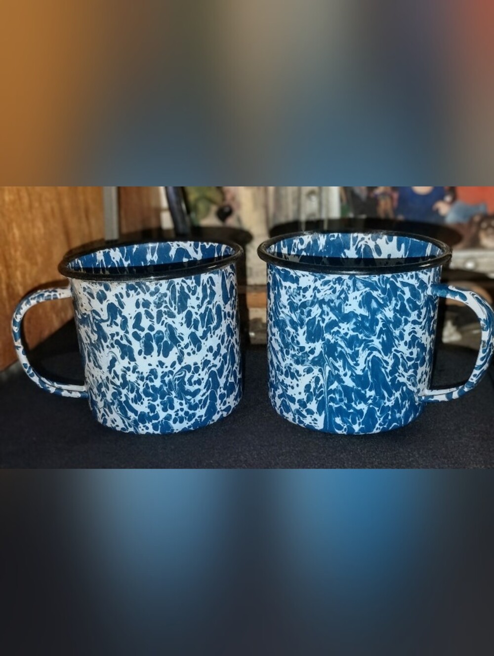 Vintage Blue & White Marble Swirl Graniteware Enamelware Mugs Set Of 2